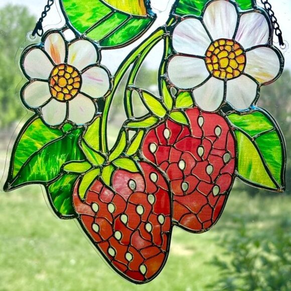 Fresh Strawberries n' Blossoms Window Sun Hanging Sun Catcher Suncatcher New - Picture 4 of 4